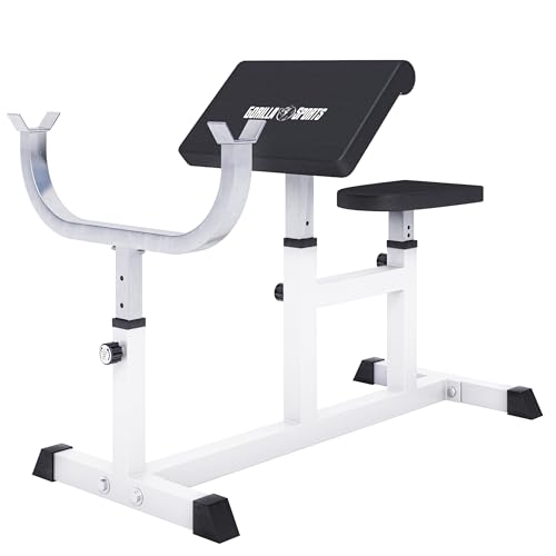 GORILLA SPORTS Curlbank - 96 x 65 x 83-103 cm bis 200 kg Belastbar Sitz Curlpult und Hantelablage 5-fach verstellbar Rutschfesten Füßen - Curl Hantelbank Scottbank Bizepsbank Curl-Maschine