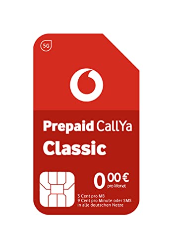 Vodafone Prepaid CallYa Classic Karte ohne Vertrag I 5G Netz 9 Ct. pro Min oder SMS in alle dt. Netze die EU I 3 Ct. pro MB I 10 Euro Startguthaben