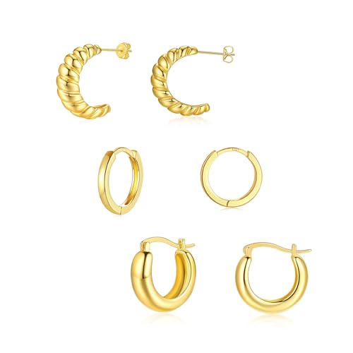 Creolen Gold Ohrringe Set 3Paar 14k Vergoldete Ohrringe Creolen Tropfen Ohrringe Drop Twist Hoop Goldene Ohrringe für Damen Mädchen Herren