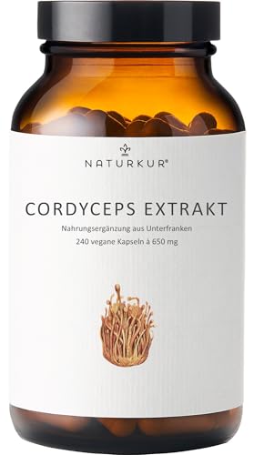 Naturkur Cordyceps Extrakt 650mg - 240 Kapseln im Apothekerglas - 40% Polysaccharide vegan ohne Zusatzstoffe hergestellt in Unterfranken