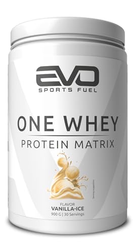 EVO SPORTS FUEL One Whey Protein Pulver Matrix Vanilla-Ice 900g 30 Portionen bis zu 23g Protein pro Portion für Muskelaufbau und -erhalt geprüfte Qualität Made in Germany 1er Pack