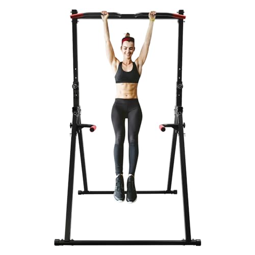 PUDLOR Faltbar Power Tower Dip Station Einstellbare Horizontale Stange Freistehend Heim-fitnessstudio Reckstange bis 200 kg belastbar Für Klimmzüge und Liegestütze am Bauch Schwarz Rot