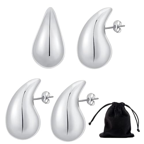 2 Paar tropfenförmige Ohrstecker mit 1 schwarzen Kordelzugtasche modisches und vielseitiges Accessoire Damen-Ohrring-Set schlichte und elegante Ohrringe dicke silberne Creolen
