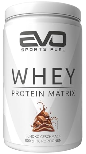 EVO SPORTS FUEL Whey Protein Pulver Matrix Schoko 800g bis zu 31g Protein pro Portion für Muskelaufbau und -erhalt geprüfte Qualität Made in Germany 1er Pack