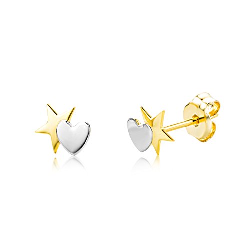  Ohrringe Kinder Mädchen Bicolor Gelbgold Weißgold 9 Karat 375 Ohrstecker mit Herz und Stern