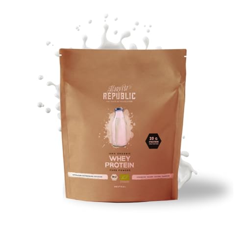 HARVEST REPUBLIC Bio Whey Protein Pulver Natur 750 g Eiweiß Protein Pulver aus Bio Molke Molkenproteine für Muskelaufbau bis zu 20 g Protein pro Portion Bio Proteinpulver ohne Zusatzstoffe