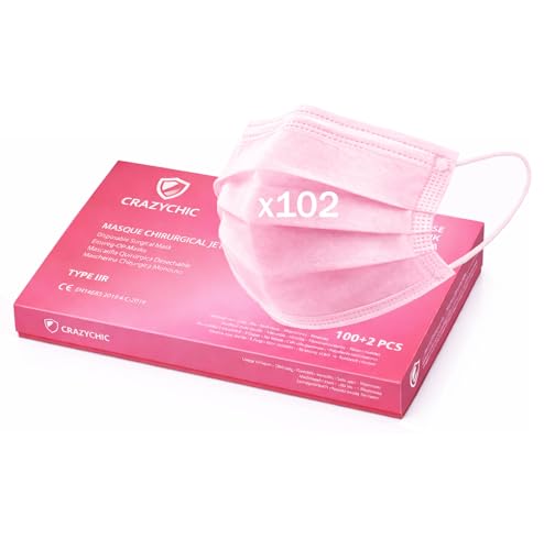 CRAZYCHIC - 102x Medizinische OP Masken Rosa - CE Zertifiziert EN14683 Typ IIR Chirurgische Maske - Hohe Filtration BFE 99% Geprüft - 3-lagige Einweg Schutzmaske - Mundschutz Gesichtsmaske