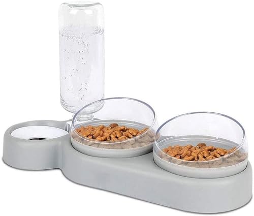 Katzennapf Set 15 Neigbar Doppelter für Nass  Trockenfutter mit Automatischer Wasserflasche für Kleine Mittelgroße Hunde