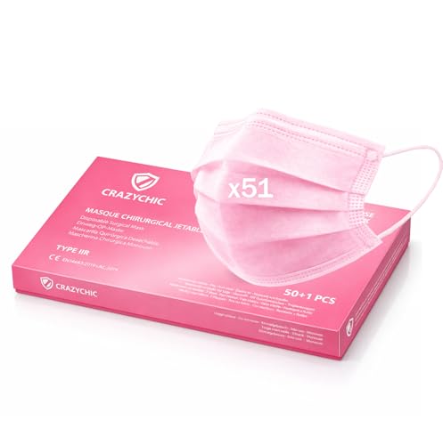 CRAZYCHIC - 51x Medizinische OP Masken Rosa - CE Zertifiziert EN14683 Typ IIR Chirurgische Maske - Hohe Filtration BFE 99% Geprüft - 3-lagige Einweg Schutzmaske - Mundschutz Gesichtsmaske