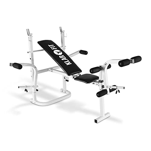 Klarfit Workout Hero Hantelbank - Bankdrücken Bank aus Stahlrohr Fitnessbank mit Arm- Beincurler Hantelbank Sit Up Bank Maximalbelastung 160 kg schneeweiß