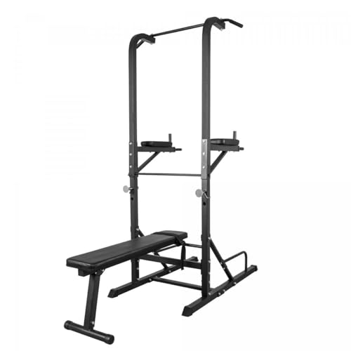 GORILLA SPORTS Power Tower - mit Klappbar Hantelbank Dip Station Klimmzugstange Liegestützgriff 201x74x221cm bis 150kg Schwarz - Multifunktion Kraftturm Kraftstation Krafttrainingsgeräte