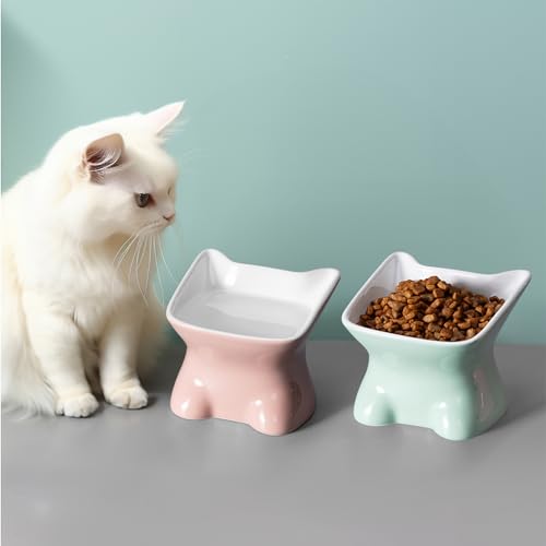 Navaris Futternapf Katze 2er Set - 2X erhöhter Keramik Napf - Fressnapf Katzennapf spülmaschinenfest - Schalen für Wasser Nassfutter Trockenfutter