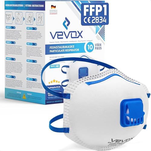 VEVOX FFP1 Maske mit Ventil 5er 10er 20er Set Staubmaske Atemschutzmaske Staubschutzmaske Feinstaubmaske Atemschutz z.B. gegen Feinstaub Schleifstaub Baustaub