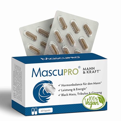 MascuPRO Mann Kraft - 20 1 Black Maca Tribulus Bockshornklee Cordyceps Zink Aminosäuren 60 Kapseln für Energie Leistung Hormonbalance