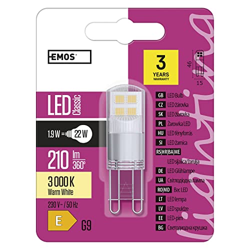 EMOS G9 LED Lampe 1 9W Ersatz für 22W Glühbirne Pin JC Helligkeit 210 lm Warmweiß 3000 Kelvin 30000 h Lebensdauer