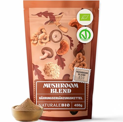 NaturaleBio Mushroom Powder 450g. 7 Pilzpulver Bio. Reishi Löwenmähne Chaga Maitake Cordyceps Shiitake Tremella. Vegan Glutenfrei und ohne GMO. Verbessert die Energie und kognitive Funktionen