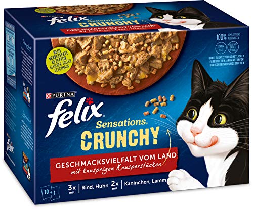 FELIX Katzennassfutter Sensations Crunchy in Gelee mit Crunchy Knusperstückchen Geschmacksvielfalt vom Land 6er Pack 6 x 10 x 85g