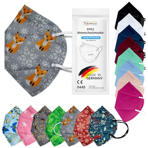 TubeRoo FFP2 Maske Grau Hellgrau Orange Fuchs Motiv Muster Hellgrau 100 Stück Masken aus Deutschland Made in Germany weiche runde Ohrschlaufen Bänder Atemschutzmaske Mundschutz Schutzmaske