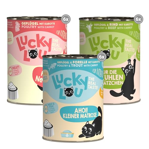 Lucky Lou Lifestage Mix Katzenfutter nass - hochwertiges Katzenfutter mit hohem Fleischanteil - Nassfutter getreidefrei ohne Zucker in der Dose 400g 18er Pack Kitten 3 Sorten Mix