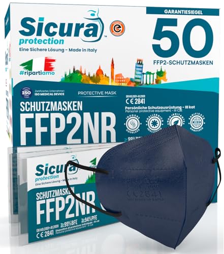 50 FFP2 Masken CE zertifiziert BLAU mit schwarzem Gummiband SAFE-Logo mit Prägung BFE 99% Made in Italy SANITIZED und einzeln versiegelt FFP2 Masken
