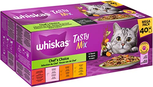 Whiskas 1 Katzenfutter Tasty Mix Chef s Choice in Sauce 40x85g 1 Packung Hochwertiges Nassfutter für ausgewachsene Katzen in 40 Portionsbeuteln