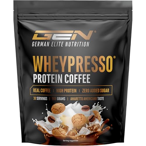 Wheypresso Protein Coffee - Eiweiß-Pulver mit Whey-Konzentrat Isolat - Mit echtem Kaffee Koffein Cremiger High Protein Drink - 908 g Amaretto Americano Flavour