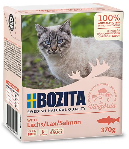 Bozita Häppchen in Soße Nassfutter mit Lachs im Tetra Recart 16x370g - Getreidefrei - nachhaltig produziertes Katzenfutter für erwachsene Katzen - Alleinfuttermittel 16 Stück 1er Pack