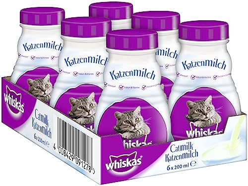 Whiskas Katzenmilch für Katzen ab 6 Wochen Leckerer Snack für eine glückliche Katze Laktosefrei und leicht verdaulich Vorratspack mit 6 Flaschen 200ml