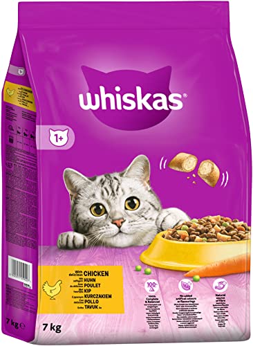 Whiskas Adult 1 Katzentrockenfutter mit Huhn 7kg 1 Beutel Hochwertiges Trockenfutter für ausgewachsene Katzen ab 1 Jahr