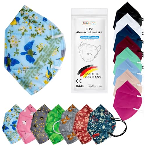 TubeRoo FFP2 Maske Blau Gelb Grün Meisen Motiv Muster 50 Stück Masken aus Deutschland Made in Germany weiche runde Ohrschlaufen Bänder Atemschutzmaske Mundschutz Schutzmaske Staubmaske