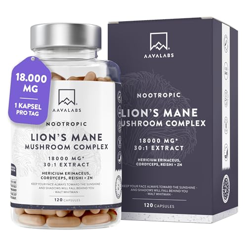 Lions Mane Mushroom Complex 18000 mg Hericium Erinaceus Hochdosiert 30 1 Extrakt - Löwenmähne Pilz - Lions Mane Kapseln mit Reishi Cordyceps Zink - 120 Kapseln