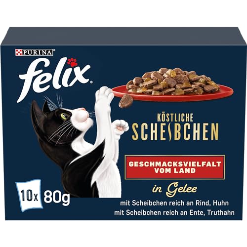 Felix Köstliche Scheibchen Katzenfutter nass in Gelee Geschmacksvielfalt vom Land 6er Pack 6 x 10 Beutel 80g