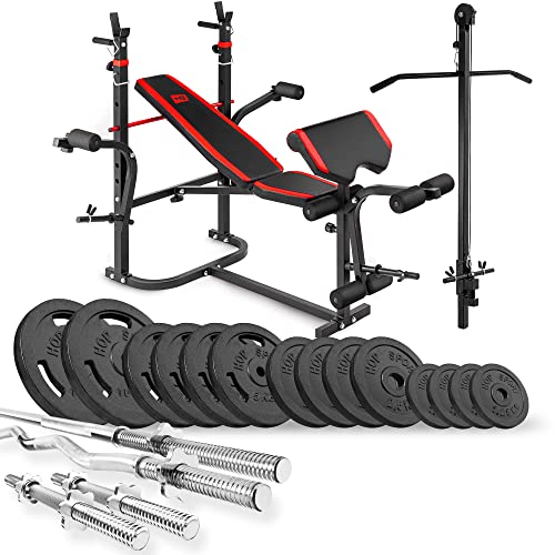 Hop-Sport Hantelbank Kraftstation 1065 mit Lang- Curl- Kurzhantel Gusseisen Gewichte 39kg bis 116kg 76kg