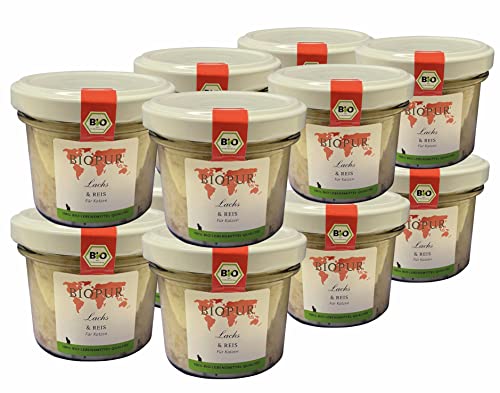 BIOPUR Katzen-Nassfutter Lachs Reis 12x100g in 100% Bio-Lebensmittelqualität - ausgewogenen Zusammensetzung - aus hochwertigen Rohstoffen
