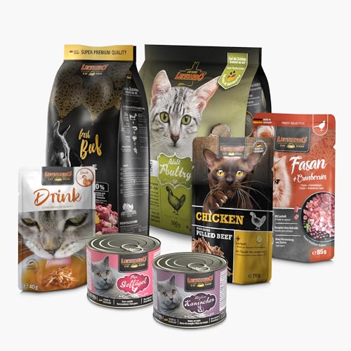 LEONARDO Katzenfutter Kennenlernpaket 2 Sorten Trockenfutter und 5 Sorten Nassfutter für Katzen ohne Zusatzstoffe für alle Rassen Made in Germany
