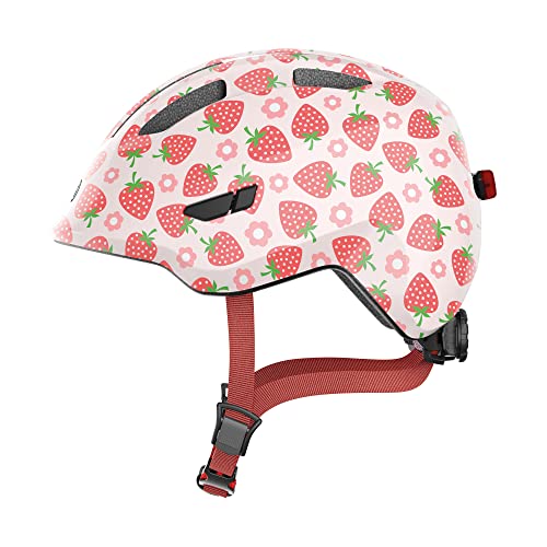 ABUS Kinderhelm Smiley 3.0 LED - Fahrradhelm mit Licht - tiefe Passform Platz für einen Zopf - für Mädchen und Jungs - Rosa mit Erdbeer-Muster Größe S S 45-50 cm