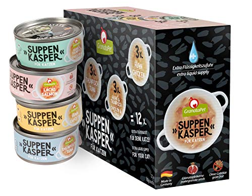 GranataPet Suppenkasper Multipack 12x 70g Snacks für Katzen Leckerchen für extra Flüssigkeitszufuhr Suppe gegen den kleinen Hunger Katzenfutter Getreide Zuckerzusätze