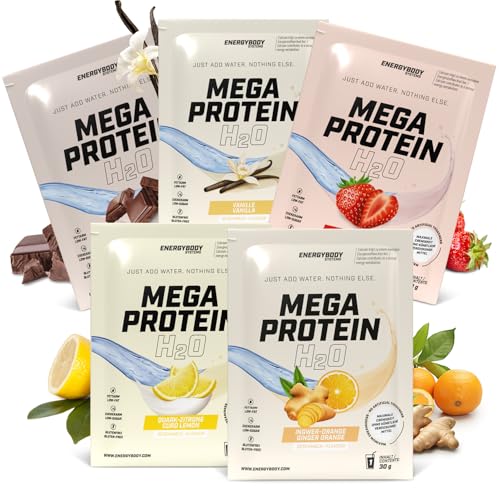 Energybody Mega Protein H2O Protein Pulver Probierpaket - 5x30g - Für Wasser optimiertes Eiweiss Protein Pulver als Whey Casein Mix Proteinpulver Probierpackung Eiweißpulver Probierset