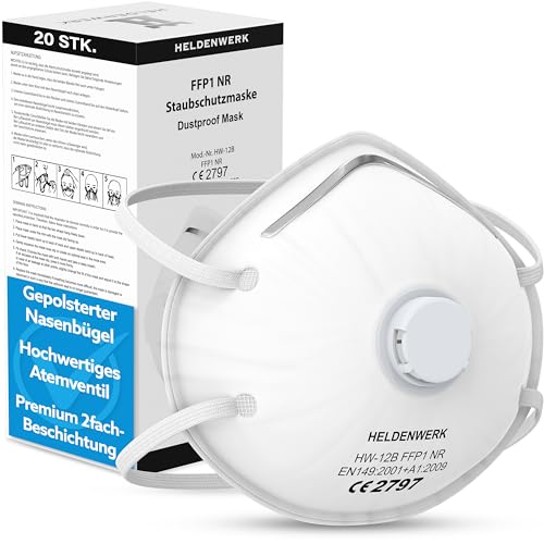 HELDENWERK Atemschutzmaske im 5er 10er 20er Set   Atemmaske   Perfekt anpassbare FFP1 Mundschutz Maske   Feinstaubmaske Staubschutzmaske für Schleifen etc