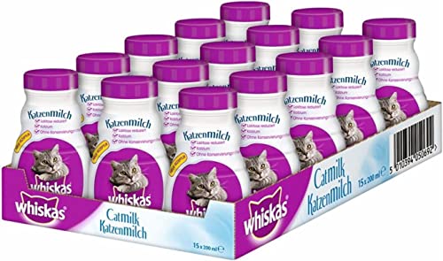 Whiskas Katzenmilch für Kätzchen ab 6 Wochen 15 Flaschen 15x200ml Leckerer Snack für eine glückliche Katze laktosereduziert und leicht verdaulich