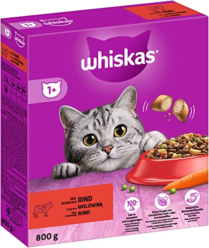 Whiskas Adult 1 Trockenfutter Rind 5x800g 5 Packungen - Katzentrockenfutter für erwachsene Katzen - unterschiedliche Produktverpackungen erhältlich