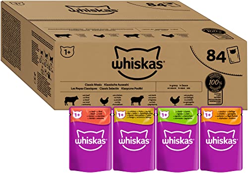 Whiskas 1 Katzennassfutter Klassische Auswahl in Sauce 84x85g 1 Großpackung Hochwertiges Nassfutter für ausgewachsene Katzen in 84 Portionsbeuteln