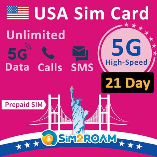 USA Prepaid-SIM-Karte Unbegrenzte 5G 4G LTE Hochgeschwindigkeits Internetdaten in den USA einschließlich Hawaii Unbegrenzte Anrufe und Textnachrichten SMS Wieder auffüllbar 21 Tage