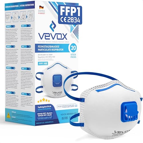 VEVOX FFP1 Maske mit Ventil 5er 10er oder 20er Set Staubmaske Atemschutzmaske Staubschutzmaske Feinstaubmaske Atemschutz z.B. gegen Feinstaub Schleifstaub oder Baustaub