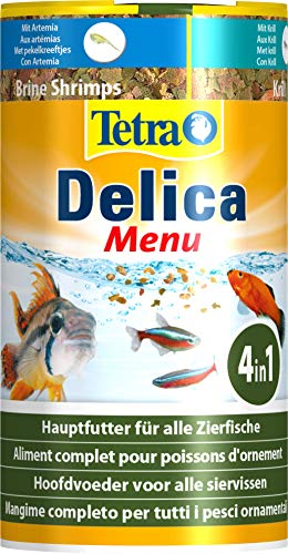  Delica Menu Naturfutter   4 verschiedenen Futtertier Sorten in einzelnen Kammern Wasserflöhe Artemia Krill Gammarus natürliche Snacks für Zierfische 100 ml Dose