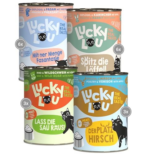 Lucky Lou Lifestage Mix Katzenfutter nass - hochwertiges Katzenfutter mit hohem Fleischanteil - Nassfutter getreidefrei ohne Zucker in der Dose 400g 18er Pack Adult 4 Sorten Mix II