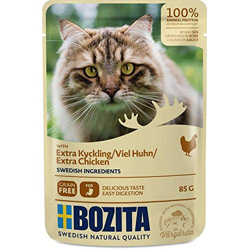 Bozita Häppchen in Soße mit viel Hühnchen 12 x 85 g Nassfutter für Katzen Getreidefreies und weizenfreies Alleinfuttermittel im Pouchbeutel 100% schwedische Zutaten