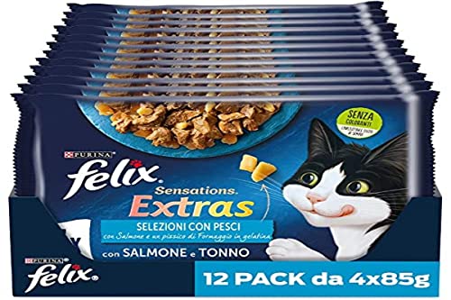 Purina Felix Sensations Extras Feuchtmittel für Katzen mit Lachs und Einer Prise Käse und Thunfisch und Einer Prise Käse 48 Beutel 85 g