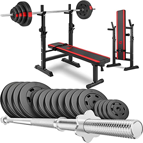 Hop-Sport Hantelset 39kg bis 99kg - Klappbare Hantelbank mit Gewichten Verstellbare Langhantelablage Trainingsbank für Bankdrücken Stabiler Fitnessbank 270 kg Max. Belastbarkeit