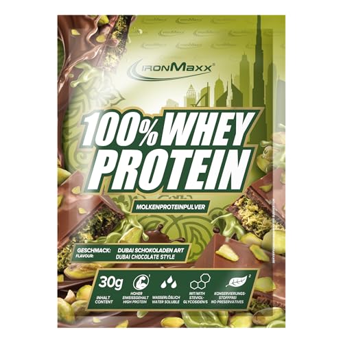 IronMaxx 100% Whey Protein Pulver 30g - Dubai Schokolade Cremiger Eiweißshake mit BCAAs EAAs High Protein Low Carb zuckerarm Ideal für Muskelaufbau Diät Fitness